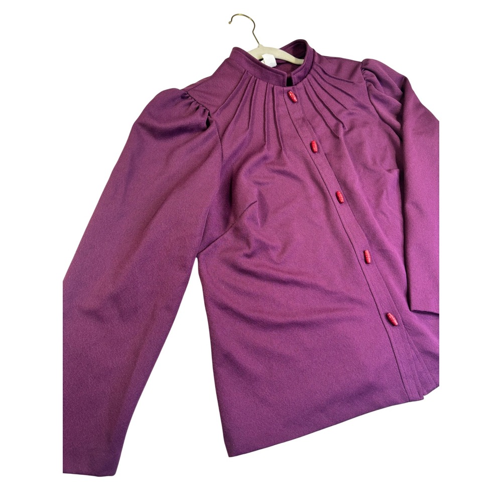 Vintage Plum Purple Mock Neck Pleated Toggle Button Blouse Long Sleeve Top XL